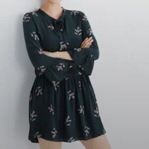 Madewell Silk Green Pink Floral Mini Dress 3/4 Sleeves Neck Tie Bell Sleeves